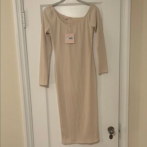 Missguided Beige Ribbed Long Sleeve Midi Dress